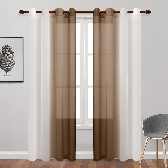 DWCN Ombre Sheer Curtains - Faux Linen Semi Voile Gradient Light-Filtering Bedroom and Living Room Curtains, Set of 2 Grommet Top Window Drape Panels, 52 x 90 Inch Length, Warm Brown