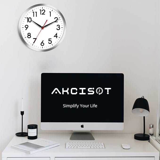 AKCISOT 12 Inch Wall Clock, Silent Battery Operated Analog Clock, Silver | Office | Kitchen | Living Room | Classroom | Easy-to-read Numbers
