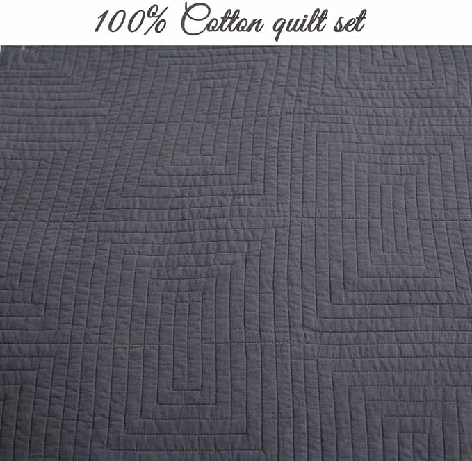 Cozy Line Home Fashions 100% Cotton Quilt Set – 3-Piece Charcoal Gray Geometric Basketweave Quilted Bedspread with Shams, Lightweight All Season Modern Bedding (Maze Gray, King)