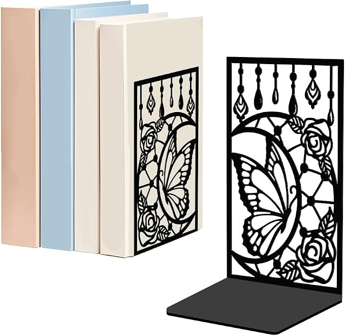 WADORN 1 Pair Moon Butterfly Rose Metal Decorative Bookend for Shelves, Heavy Duty Book Ends Modern Non-Skid Books Holder Stand Black Book Support Stoppers for Desk Bookshelf Office, 5.3x4.3x7.9 Inch