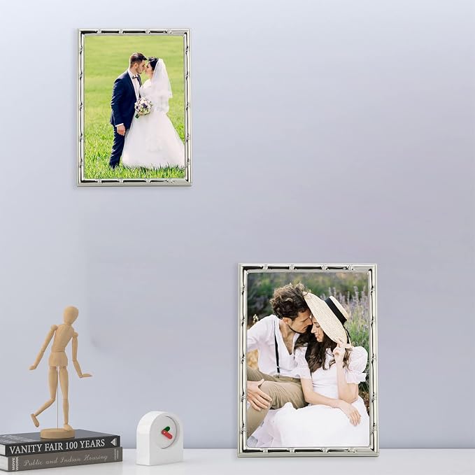 YiPinYin 5x7'' Bamboo Detail Designs Silver Metal Picture Frame 2pack,Elegant Silver Plated Baby Nurse Photo Frames 5x7'' With Soft Touch Velvet Backing for Desktop and Wall Décor