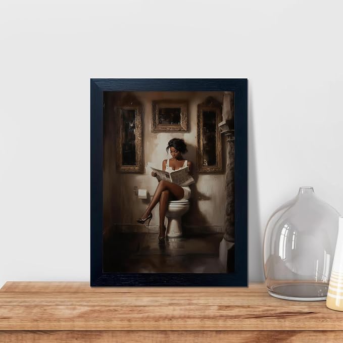 Black Women Bathroom Canvas Wall Art African American Bathroom Decor Poster Reading Woman Poster Black Girl Pictures Print Modern Minimalist Painting Artwork 16x24 Inch UnFramed Toilet Picture