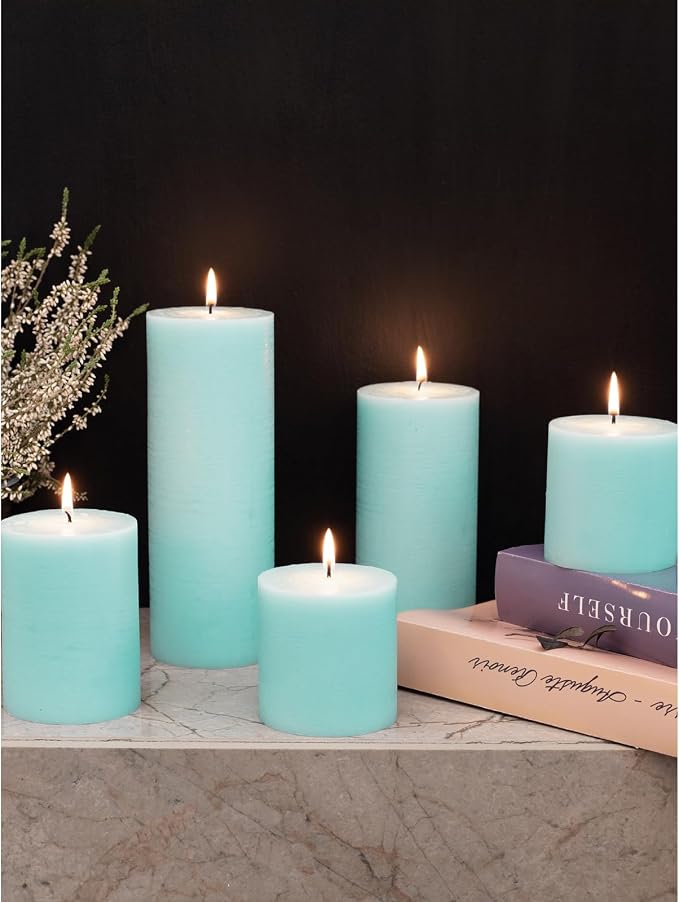 CANDWAX Large Pillar Candles 3x6 Inch – Set of 3 Unscented Dripless Light Turquoise Candles, Rustic Style for Home Decor, Events, Weddings