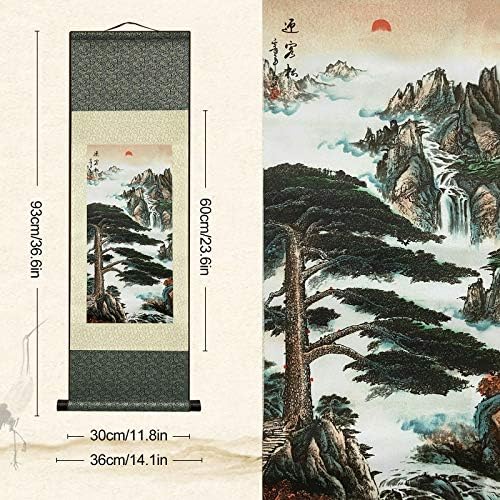 AtfArt Asian Wall Decor - Beautiful Silk Scroll Painting Pine Greeting Guests (Guest-Greeting Pine) Oriental Decor Chinese Art Wall Scroll (36.2 x 12 in)