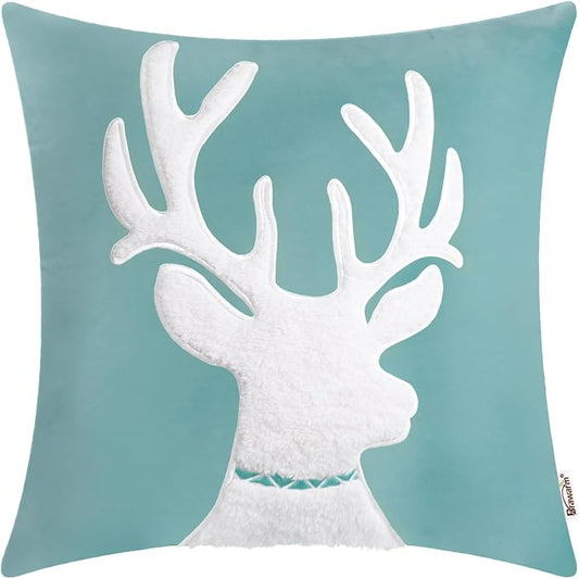 BRAWARM Christmas Pillow Cover 18 X 18 Inches, Teal Reindeer Embroidered Pillow Cover, Soft Velvet Decorative Throw Pillow for Couch Bed Sofa Living Room Home