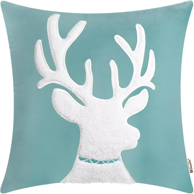 BRAWARM Christmas Pillow Cover 20 X 20 Inches, Teal Reindeer Embroidered Pillow Cover, Soft Velvet Decorative Throw Pillow for Couch Bed Sofa Living Room Home