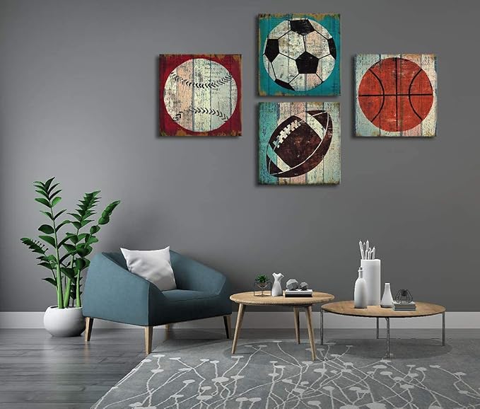 Rustic Soccer Football Baseball Basketball on Vintage Wood Grain Floor Fine Art Canvas Prints Sports Decor Soccer Nursery for Kids Boy Room Decoration Wooden Framed Modern Artwork Poster 24x24 4pcs