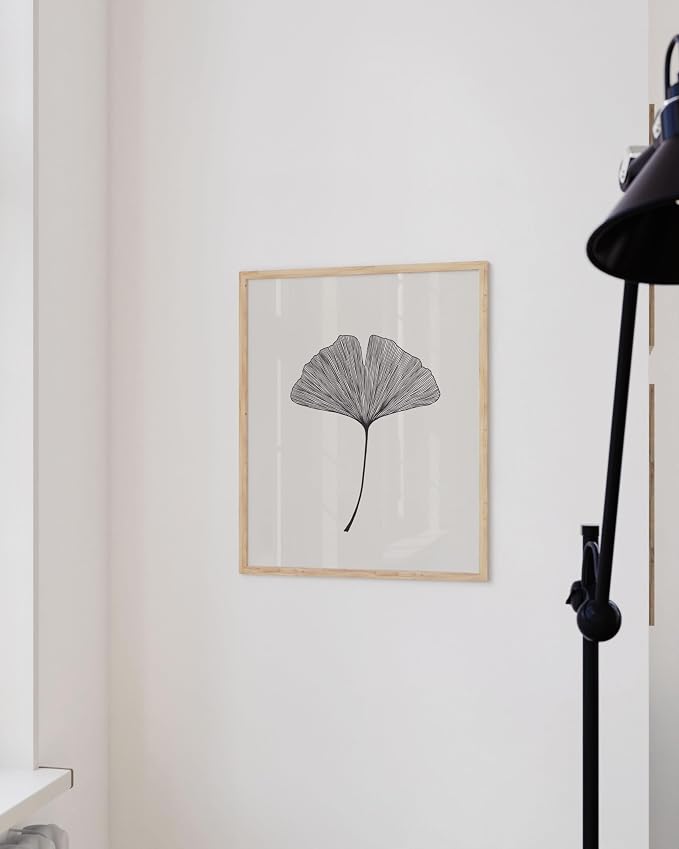 HAUS AND HUES Ginkgo Leaf Decor - Modern Japanese Botanical Print, Black and White Art, Neutral Wall Decor for Office or Bedroom, Minimalist Art (12x16 Beige Frame)