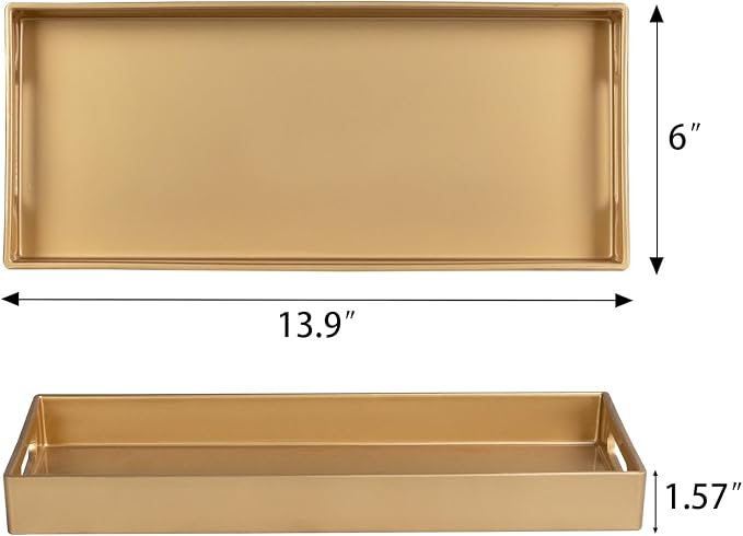 MAONAME Gold Vanity Tray Set of 2, Rectange Toilet Tank Trays with Handles