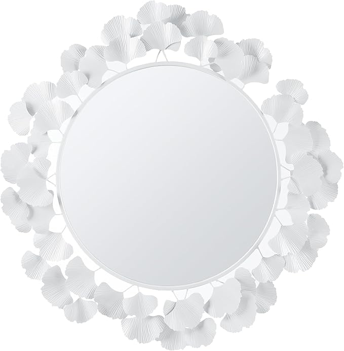 Martha Stewart Wall Décor Large Gingko Leaf Round Wall Mirror for Living Room, Iron Metal Plate Frame Antique Finish, Ready to Hang Bedroom Decoration, Eden, 30.5", White