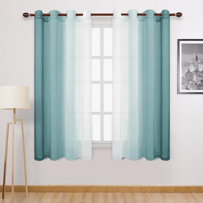 DWCN Faux Linen Ombre Sheer Curtains - 63 inches Long Gradient Semi Voile Curtains for Bedroom and Living Room, Set of 2 Grommet Top Window Curtain Panels, W52 x L63 Inches, Peacock Blue