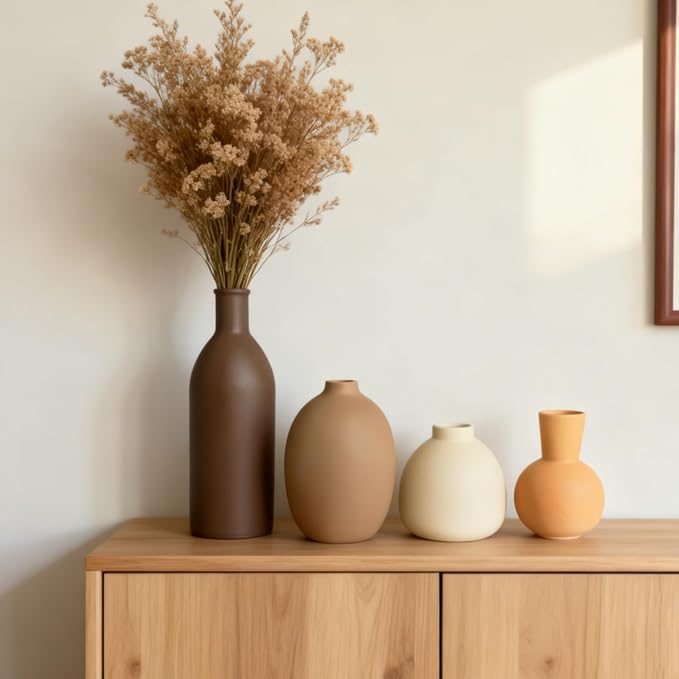 Modern Small Ceramic Vase Set of 5 | Neutral colors, decorative farmhouse vase decor, for shelf entryway table living room