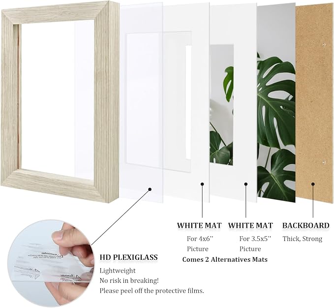 Egofine 5x7 Picture Frames Set of 4, Made of Solid Wood Covered by Plexiglass 3.5x5 and 4x6 with Mat or 5x7 without Mat, for Table Top Display and Wall Mounting Photo Frame Distressed Wood Grain