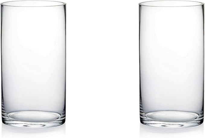 4" Wide 7" High Set of 2 Large Hand Blown Sturdy Clear Cylinder Glass Vase, Centerpiece Flower Vase for Rose, Tulip, Boquets, Hurricane Candle Holder (2, 4"x7")