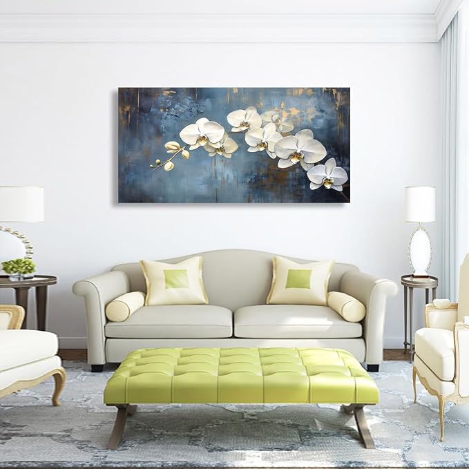 Abstract White Butterfly Orchid Canvas Wall Art for Living room Office Bedroom Flowers Wall Art Print Oil Paintings Modern Blue Gold Rain Mist Pictures Wall Decor Artwork Ready to Hang - 28in * 57inch