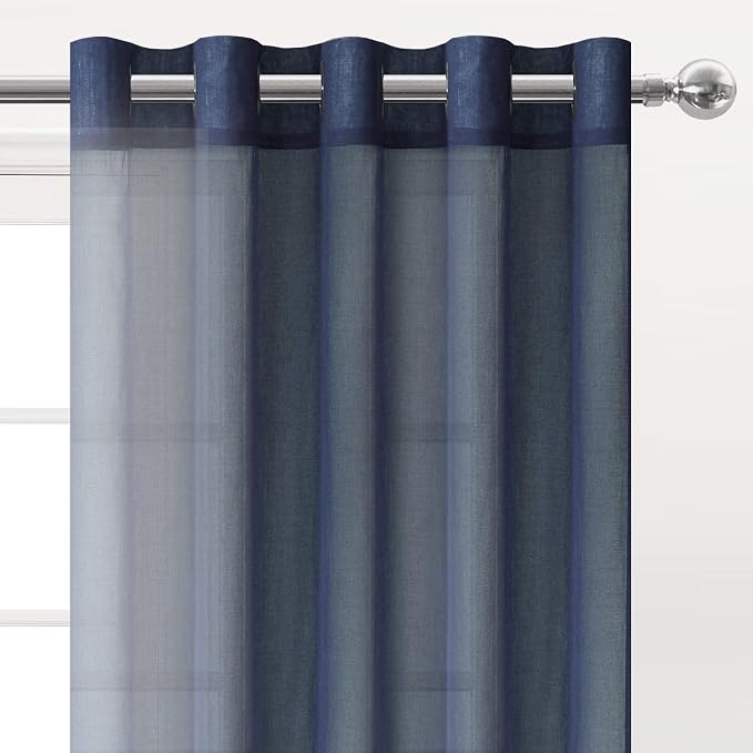 DWCN Navy Blue Sheer Curtains Linen Look Semi Transparent Voile Grommet Curtains for Living Dining Room Drapes 60 x 84 Inch Long, Set of 2 Panels