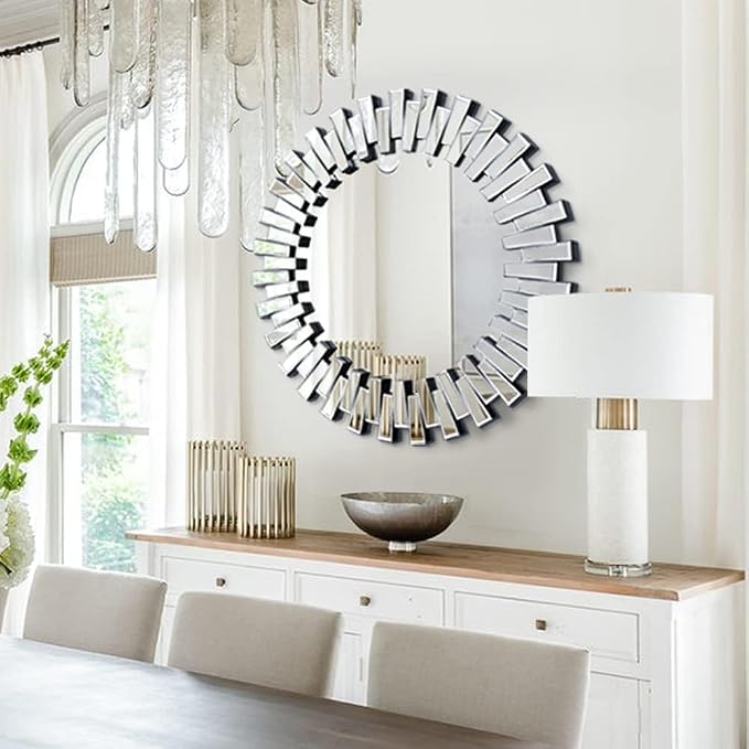 Round Mirrors for Wall Decor, 32'' Large Living Room Mirror with Beveled Edge Glass, Modern Decorative Wall Mirror for Entryway, Dining Room, Bathroom