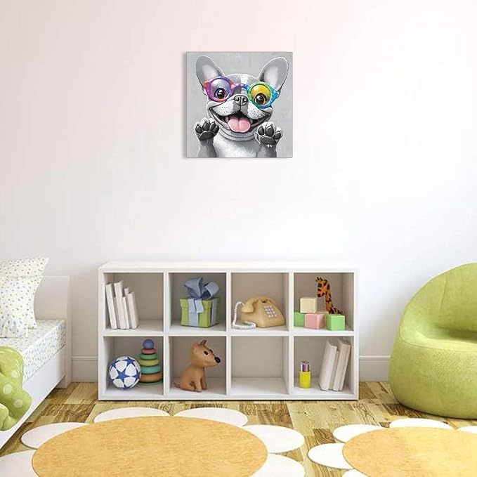 Ypxzzj Cute Dog with Glasses Canvas Wall Art,Funny Bulldog Decor Wall Art Pictures Painting Posters Artworks for Children's room Bedroom Living room Decor Framed Ready to Hang