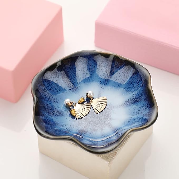 Binoster Gifts for Women Ceramic Jewelry Dish,Leaf Jewelry Tray Key Tray,Small Ring Dish Holder Decorative Jewelry Plate Trinket Dish Catchall Tray Nightstand Decor for Entryway Blue Table Room Decor