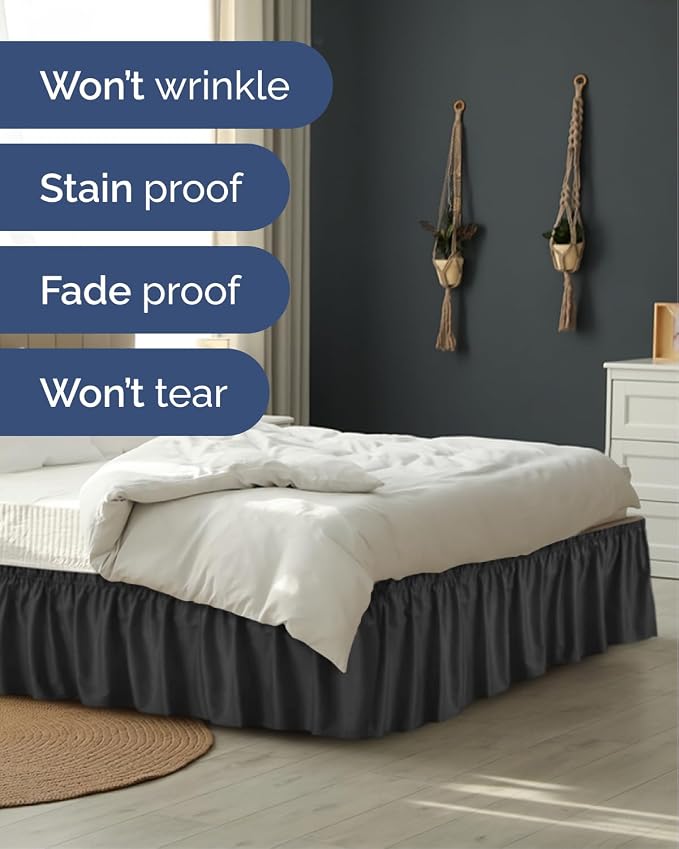 Wrap Around Dust Ruffle Bed Skirt, Queen Size Beds - 14 Inch Drop, Black | Easy Fit Elastic Strap, Adjustable Pleated Bedskirt w/Brushed Fabric, Wrinkle & Fade Free, for Women, Men, Kids & Teens