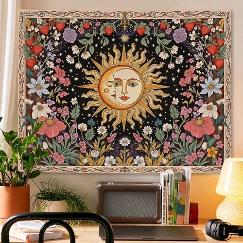 Accnicc Sun and Moon Tapestry Boho Vintage Floral Wall Tapestry for Bedroom Aesthetic Hippie Celestial Botanical Colorful Plant Small Tapestries Wall Hanging for Living Room Dorm 48 x 36 Inch