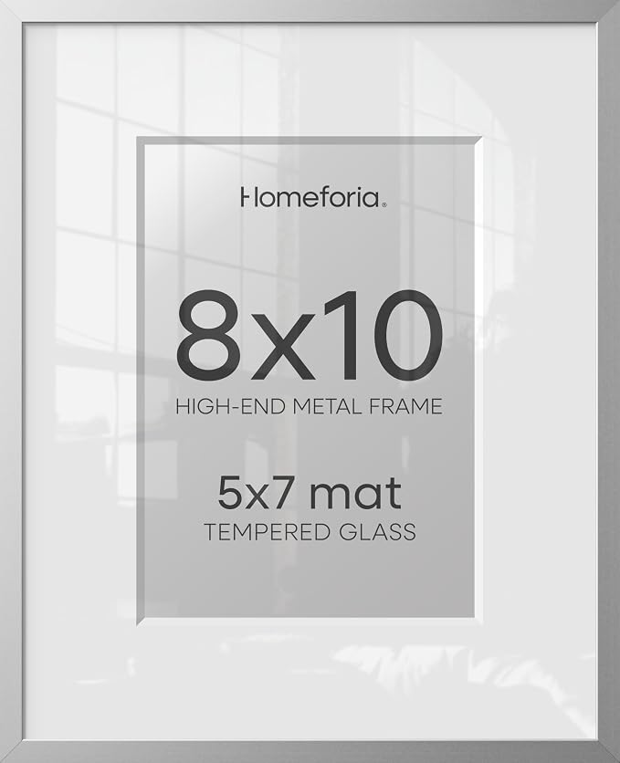 Homeforia 8x10 Silver Picture Frame, High-End Metal, 5x7 Mat, Glass