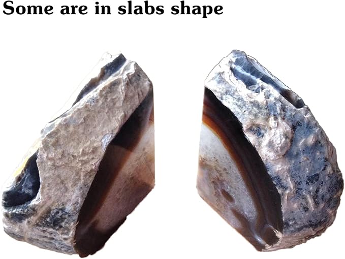 AMOYSTONE Geode Bookends Agate Shelve Decor Crystal Book Ends for Heavy Books Nature Brown with Rubber Bumper(1 Pair, 3-4 LBS) | Polished Stone Book Stoppers Supports Home Office Decor with Rubber Bumpers Natural Brown 1 Pair, 3-4 LBS