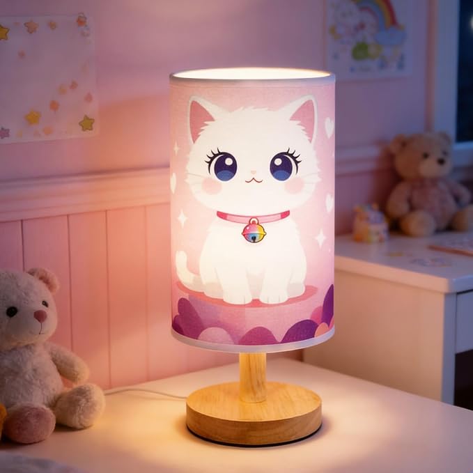 Cat Lamp, Lamps for Girls Bedroom, 3 Colors Nightstand Light Lamp, Round Wood Base Flaxen Fabric Desk Lamp for Kids Room, Cat Table Lampp Gift for Girls (LED Bulb Included) (Kitten)
