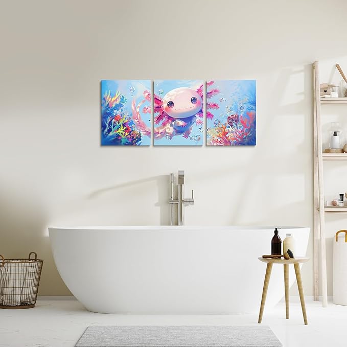 Feelyou Kids Cute Axolotl Wall Painting Posters Ocean Picture Wall Decor Boys Girls Kawaii Sealife Canvas Wall Art for Living Room Bedroom Cartoon Salamander Bathroom Wall Art 12"x16"x 3Pcs