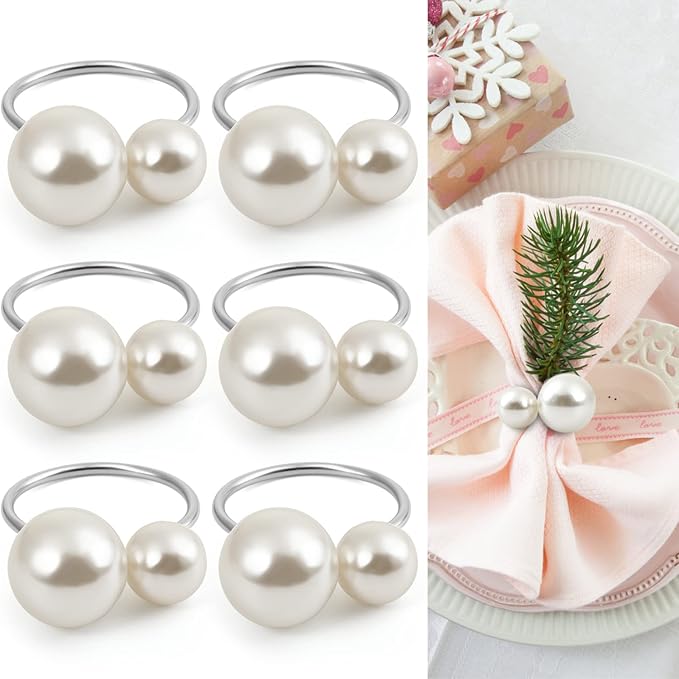 Kesote Pearl Napkin Rings Set of 6, Silver Napkin Wraps | Napkin Holder Rings, Formal or Casual Dining, Table Decor