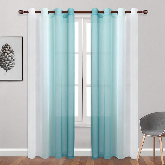 DWCN Ombre Sheer Curtains - Faux Linen Gradient Semi Voile Grommet Top Bedroom and Living Room Curtains, Set of 2 Window Curtain Panels, 52 x 90 Inches Long, Teal