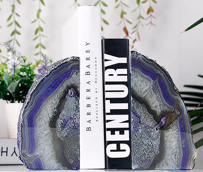 JIC Gem Purple Agate Geode Bookends Heavy Duty Crystal Stone Book Holders | Dyed Polished Gemstone Book Stoppers for Shelves,Decorative Holders with Non-Skid Rubber Bumpers for Decor,1 Pair, 6-8 Lbs