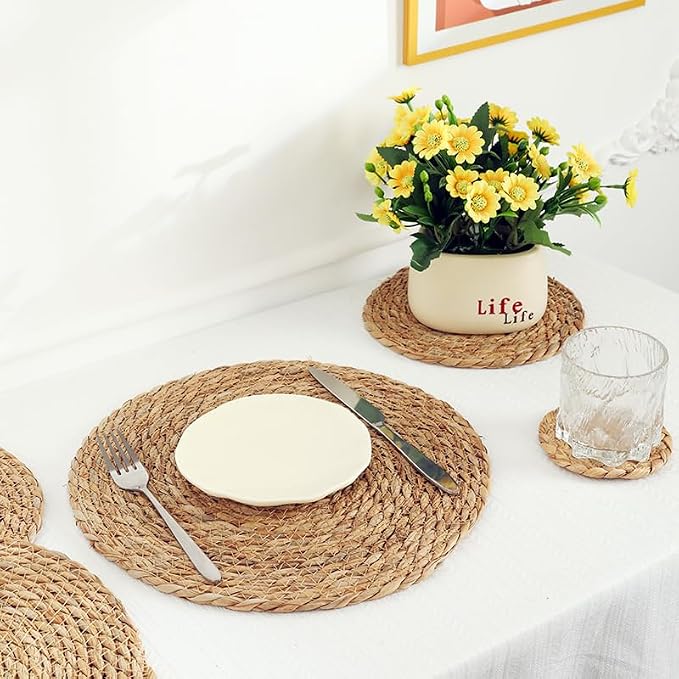 Woven Placemats Set of 4,12 Inch Medium Size Rattan Placemats Wicker Place MatsNatural Farmhouse Jute Braided Table Runnerfor Kitchen Countertops Medium Size Please Choose Carefully