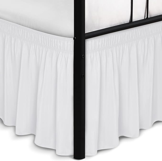 Wrap Around Full Bed Skirt Split Corners 21" Drop-Elastic Long Dust Ruffle | White Adjustable Pleated Bedskirt-Easy Fit Wrinkle Resistant Washable Bed Skirting-Hotels Apartment Guest Bedroom Bed Posts