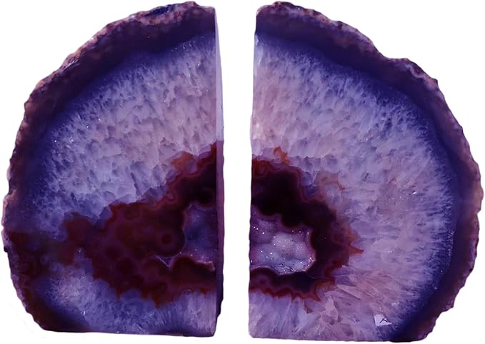 JIC Gem Purple Agate Geode Bookends Heavy Duty Crystal Stone Book Holders | Dyed Polished Gemstone Book Stoppers for Shelves,Decorative Holders with Non-Skid Rubber Bumpers for Decor,1 Pair, 6-8 Lbs