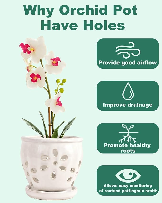 vensovo 5 Inch Ceramic Orchid Pot with Holes and Saucer, White