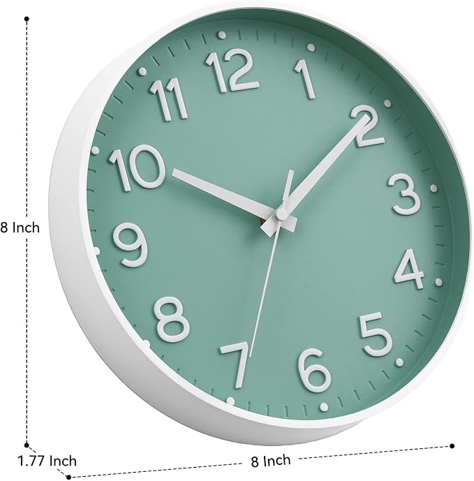 Roymnie 8 Inch Wall Clock, Battery Operated Silent Non Ticking Analog | Mint Green modern analog; large 3D easy-read dial for kitchen, office, bathroom & bedroom; 1 AA battery (not included)
