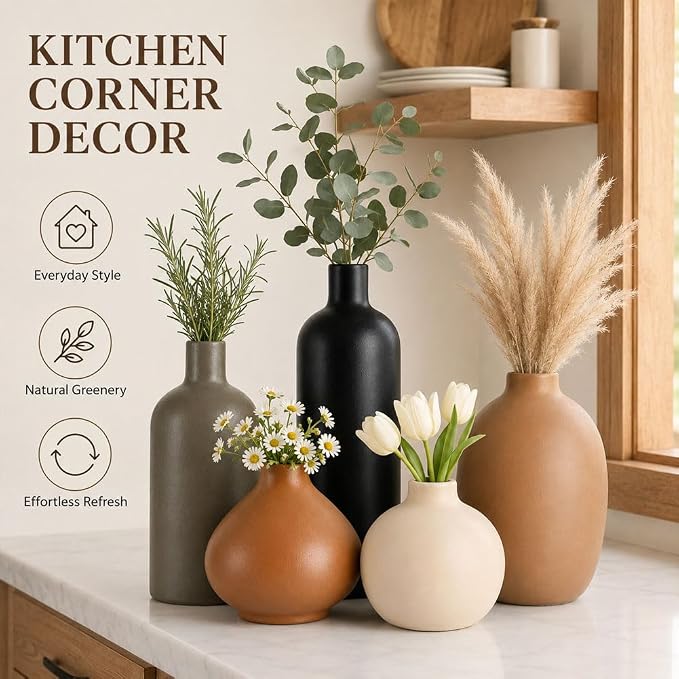 Ceramic Vase Set of 5, Modern Vases Home Decor, Neutral Decorative Vases for Pampas Grass Dried Fresh Flowers, Small Vase Set for Living Room Kitchen Bedroom Bathroom Entryway Mantel Decor