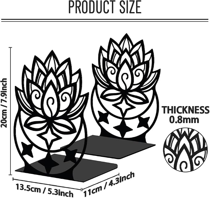 WADORN Lotus Moon Metal Decorative Bookend for Shelves 1 Pair, Heavy Duty Book Ends Unique Non-Skid Books Holder Stand Black Book Support Stoppers for Desk Bookshelf Office Home, 5.3x4.3x7.9 Inches