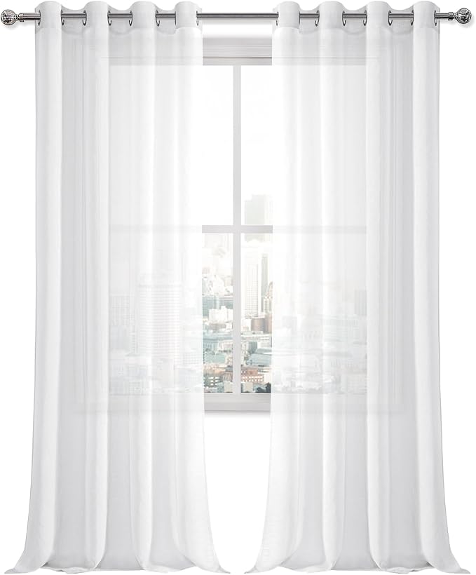 DWCN White Sheer Curtains for Living Room Bedroom - Faux Linen Look Voile Drapes Grommet Top Window Curtain Panel 52 x 120 Inches Long, Set of 2 Panels