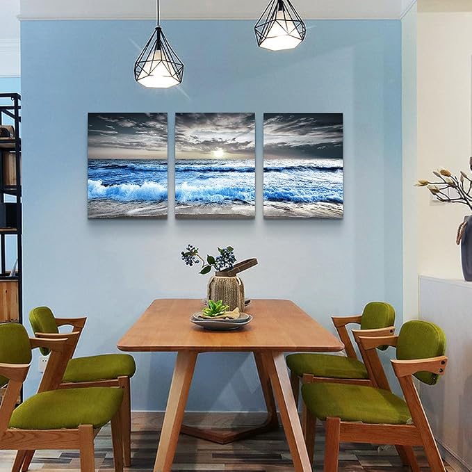 MHARTK66 3 Piece Canvas Wall Art - Blue Ocean Wave Seascape Pictures - Bedroom, Living Room, Office Wall Decor - Modern Home Decor