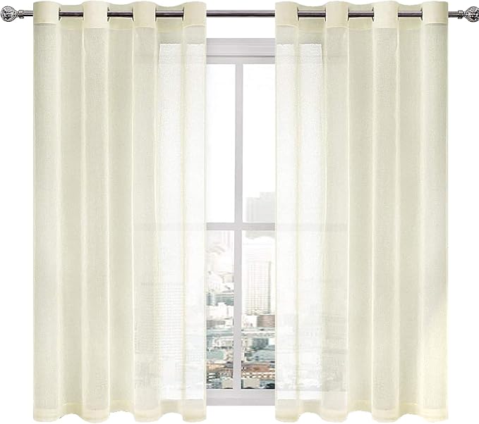 DWCN Ivory Sheer Curtains Linen Look Semi Transparent Voile Grommet Curtains for Living Room Bedroom Drapes 52 x 45 inch Length, Set of 2 Panels