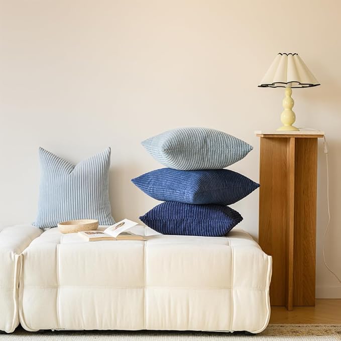LANANAS Decorative Corduroy Throw Pillow Covers 18x18 Inch Blue Ocean | Set of 4 Neutral Couch Farmhouse Boho Throw Pillows for Living Room, Couch, Bed, Sofa Soft Accent Home Decor