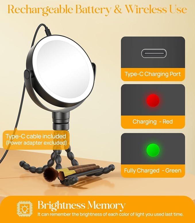 Gospire 5.85” Tripod Travel Makeup Mirror with Light and Magnification | 1X/10X, 4 In 1 Winding Hanging Handheld Tabletop, 3 Light Colors, Adjustable Brightness – Black