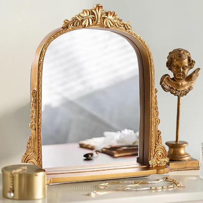 SIKOO 8x10 Inch Arched Vintage Mirror with Shelf, Decorative Wall Art for Home, Resin and Premium Glass, Bronze Gold