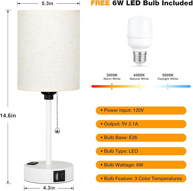 Small Bedside Table Lamp for Bedroom, Desk Lamp with USB Ports for Dorm