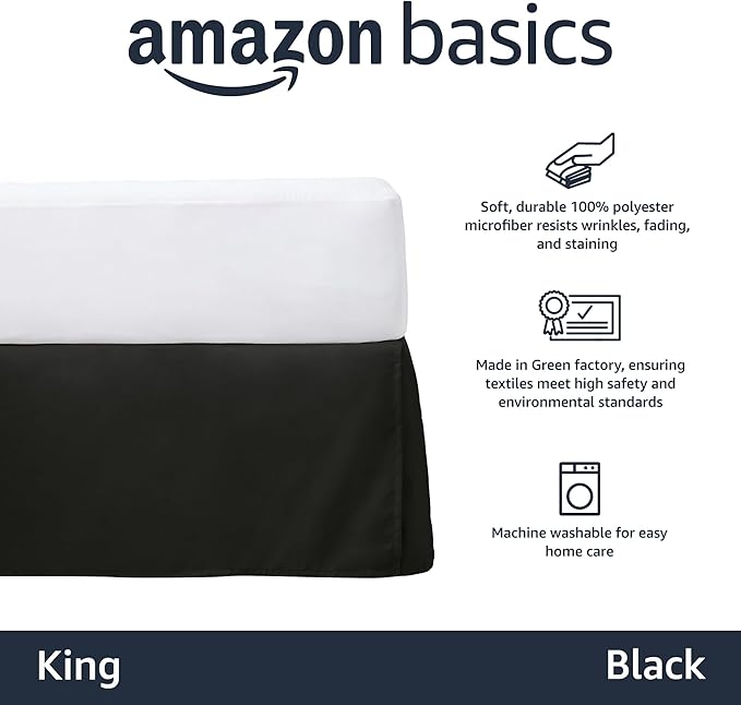 Amazon Basics Lightweight Pleated Bed Skirt, Machine Washable, Wrinkle and Fade Resistant, King, Black (Pack of 8)