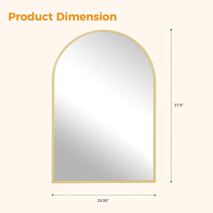 DUMOS 26"x38" Arched Wall Mirror, Bathroom Mirrors for Over Sink, Gold | Tempered Glass & Anti Rust Metal Frame, Decor for Entryway, Living Room, Bedroom, Vanity
