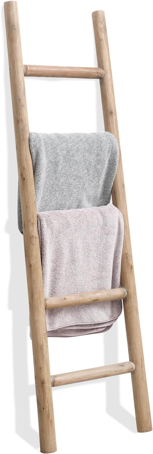 FUIN Blanket Ladder, 57in Rustic Solid Wood Decorative Ladder, Brown | Farmhouse living room accent, Layered blanket towel quilt display, Visible wood grain, Bathroom and Bedroom use