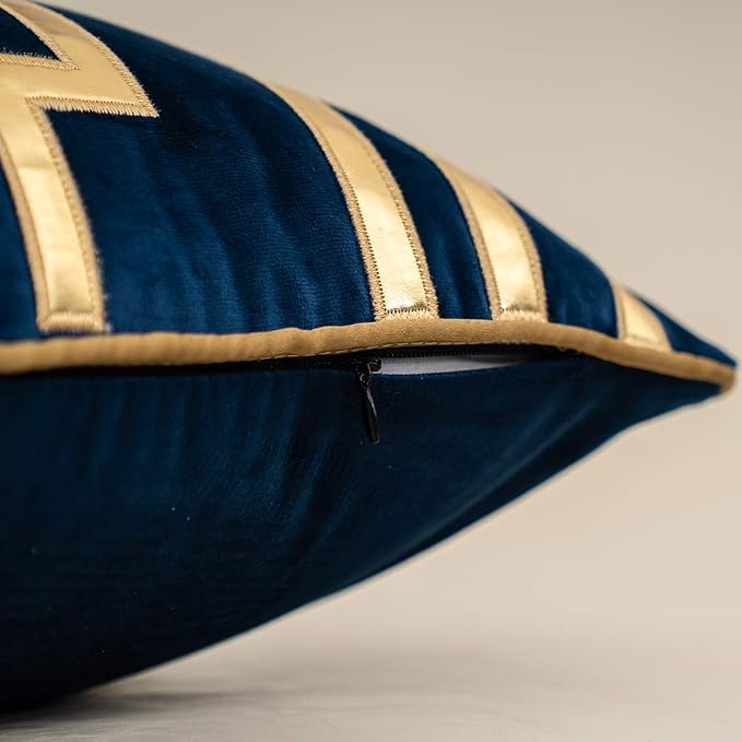 Alerfa Gold Leather Striped Navy Blue Throw Pillow Cover 18x18 Inch, Geometric Luxury Decorative Embroidered Velvet Pillow Cover for Couch Living Room Bedroom